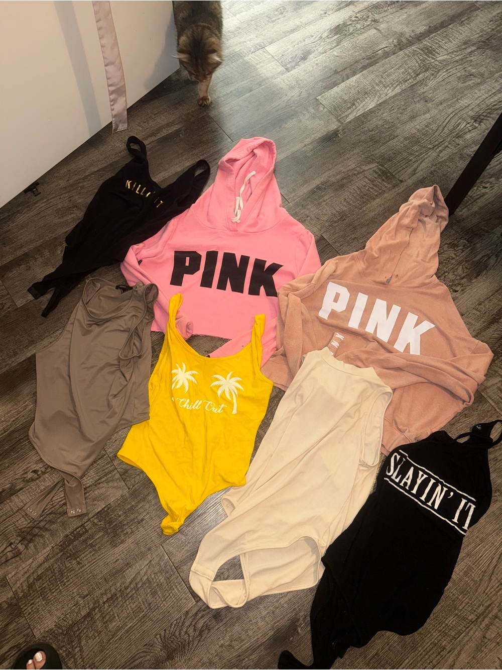 Victoria's Secret PINK & Yellow Bodysuit Lot with Black and Neutral Tones